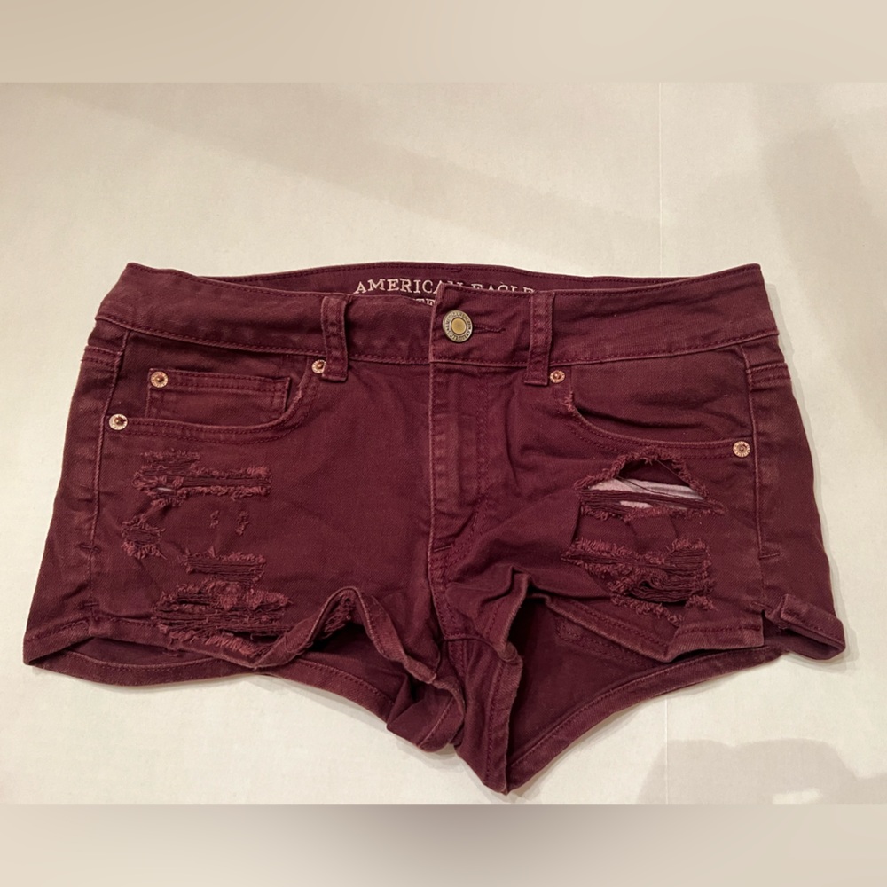 American Eagle Shortie Stretch Distressed Maroon Shorts 8